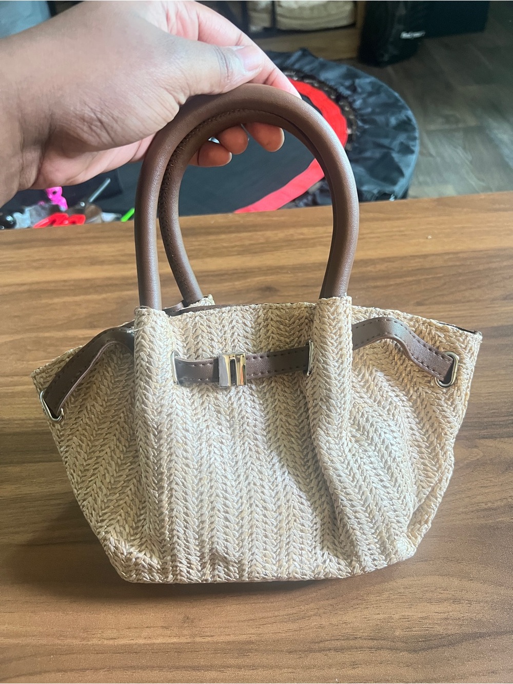 Small Woven Straw Crossbody Tote Bag with Brown Handles